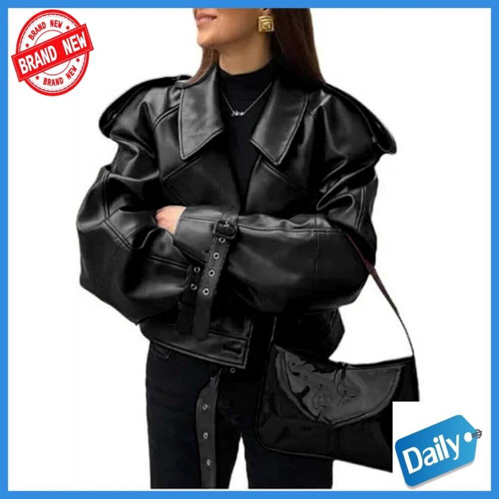 Women's Faux Leather Motorcycle Jacket Retro Collar Casual Coat Long Sleeve